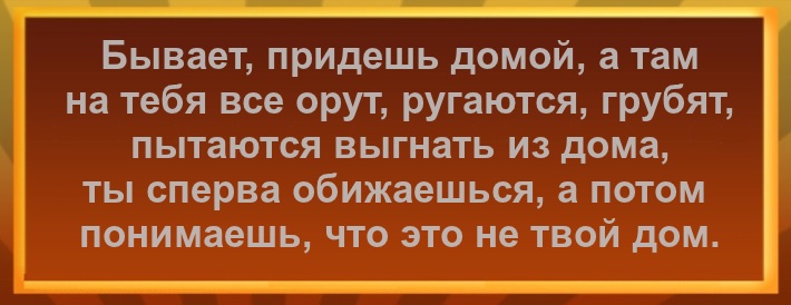 Бывает, придешь домой, а там на тебя все орут, ругаются, грубят, пытаются выгнать из дома, ты сперва обижаешься, а потом понимаешь что это не твой дом.