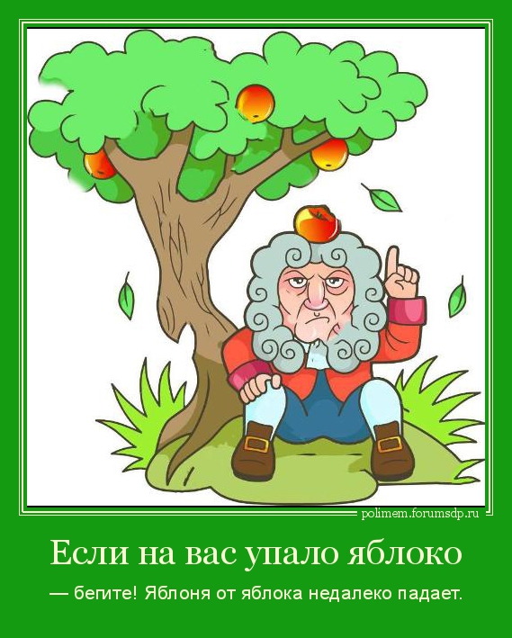 Ньютон под яблоней. Если на вас упало яблоко — бегите! Яблоня от яблока недалеко падает. 